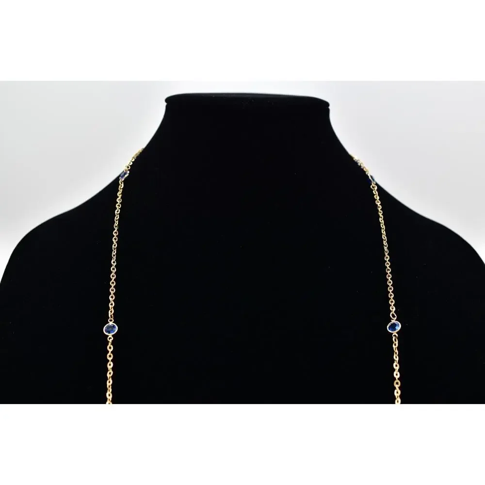 Vintage Blue Open Bezel Crystal Necklace Station Chain Gold Tone 1980s BinBJ